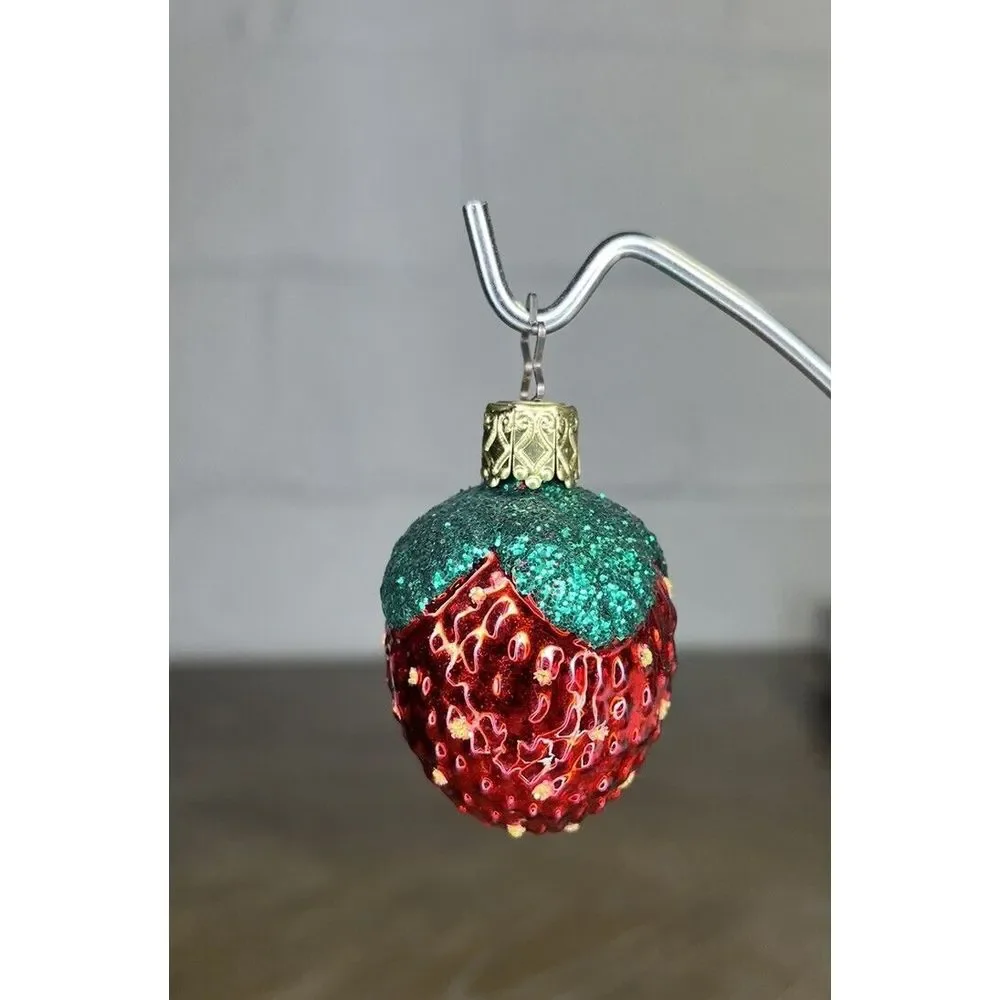 Inge Glas OWC Strawberry Glass Ornament Glitter Star Cap Germany‎ *VTG*